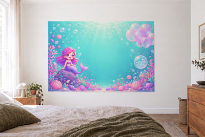 Tapiz cumpleaños de sirena bajo el agua en dormitorio claro frente a la cama, cómoda de madera a la derecha – turquesa