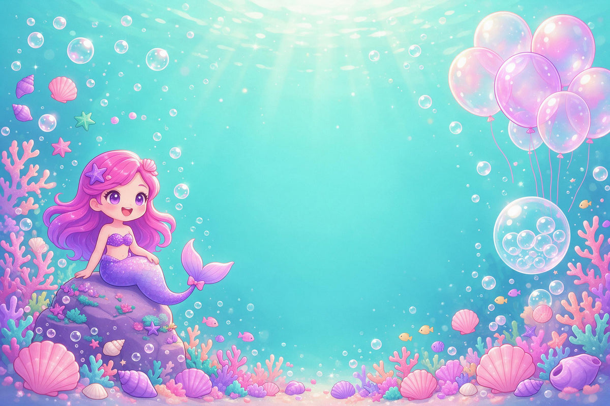 Sirena sobre una roca violeta con corales, conchas y globos burbuja, tapiz impreso en tela – turquesa y rosa