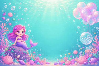 Sirena sobre una roca violeta con corales, conchas y globos burbuja, tapiz impreso en tela – turquesa y rosa