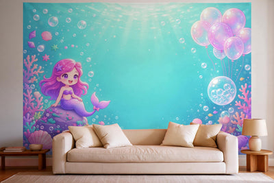 Decoración de pared en un salón luminoso sobre el sofá: tapiz de tela Cumpleaños de sirena bajo el agua