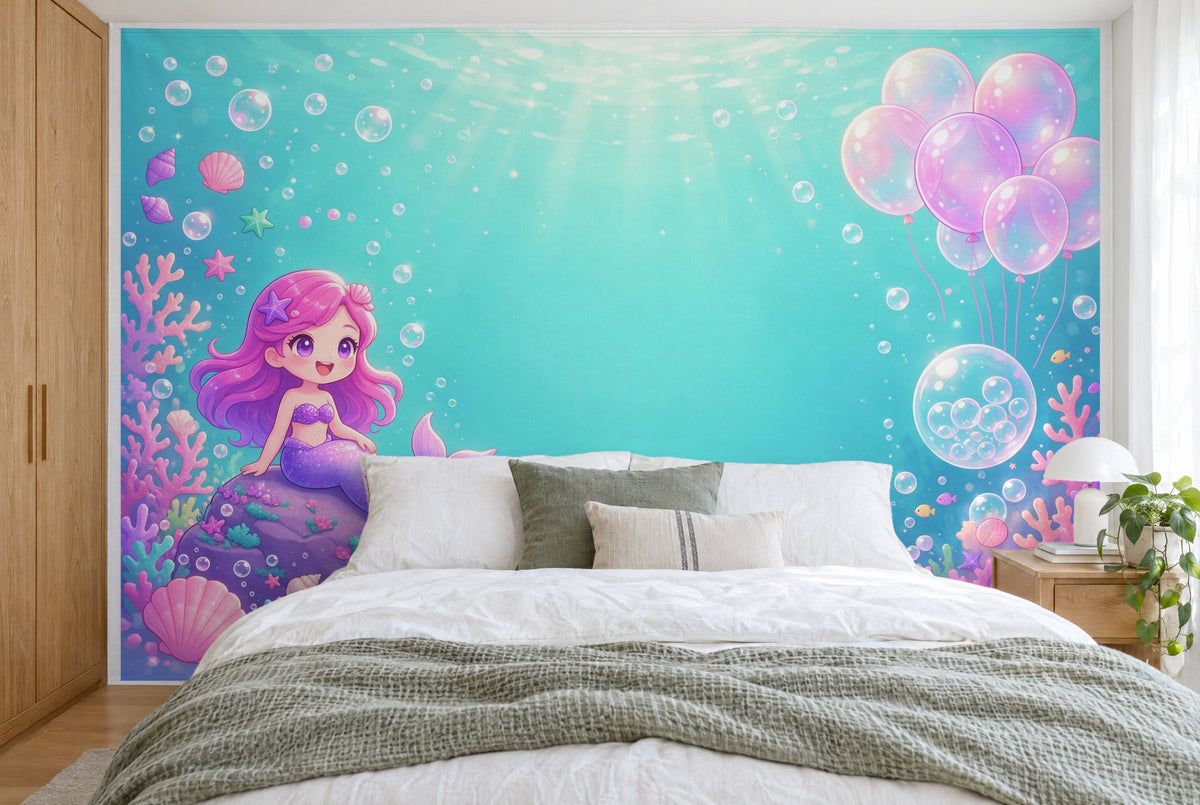 Tapiz de pared grande Cumpleaños de sirena bajo el agua en el dormitorio, cubriendo la pared detrás de la cama – tela impresa