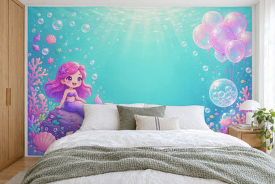 Tapiz de pared grande Cumpleaños de sirena bajo el agua en el dormitorio, cubriendo la pared detrás de la cama – tela impresa