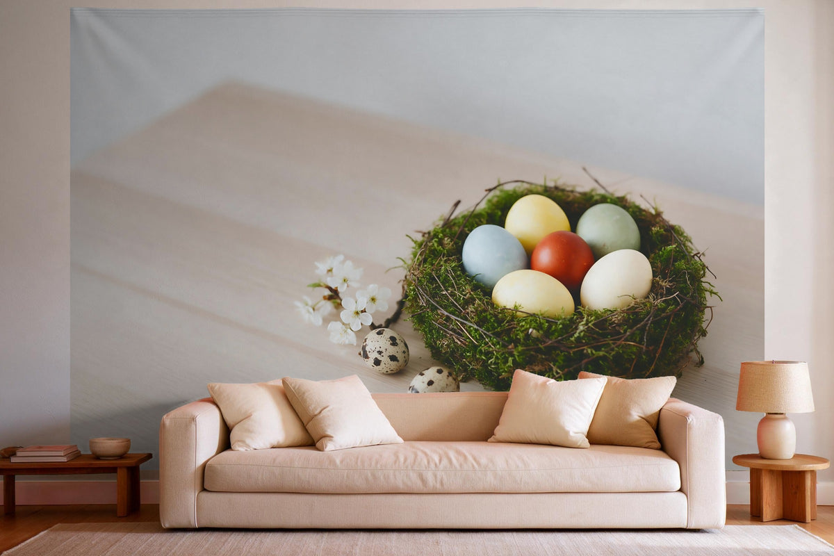 XXL wall tapestry Easter Eggs in a Moss Nest as wall decor in a bright living room above the sofa