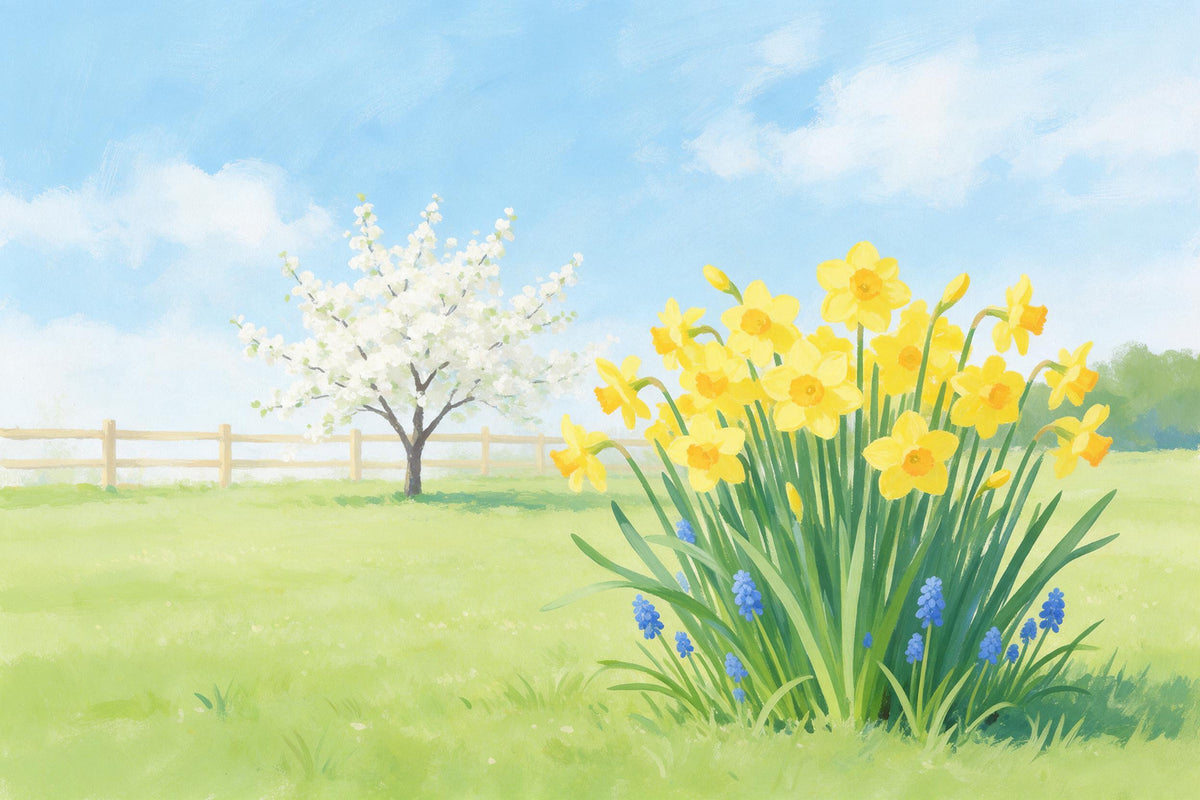 Osterglocken und Traubenhyazinthen rechts im Frühlingsgarten mit Obstbaum, als Wandtuch, auf Stoff gedruckt – Gelb und Grün