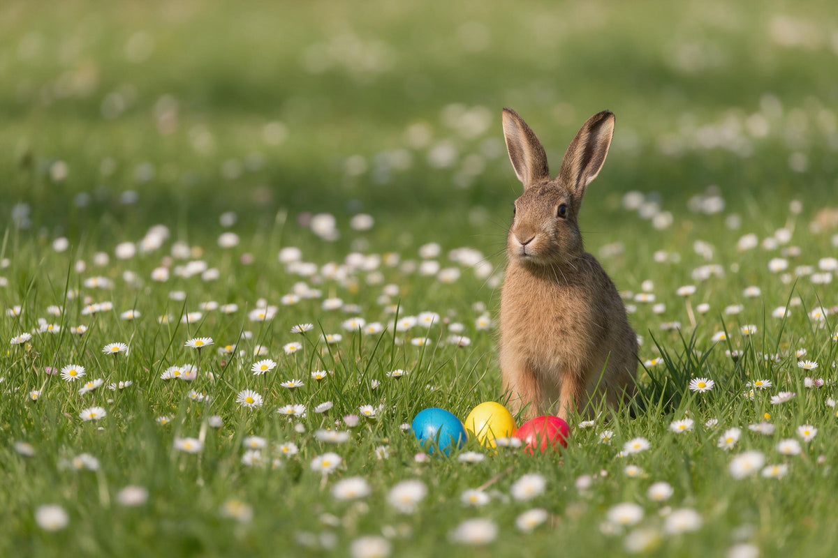 Osterhase mit drei bunten Ostereiern rechts auf grüner Gänseblümchenwiese, als Wandtuch, auf Stoff gedruckt – Grün und Braun