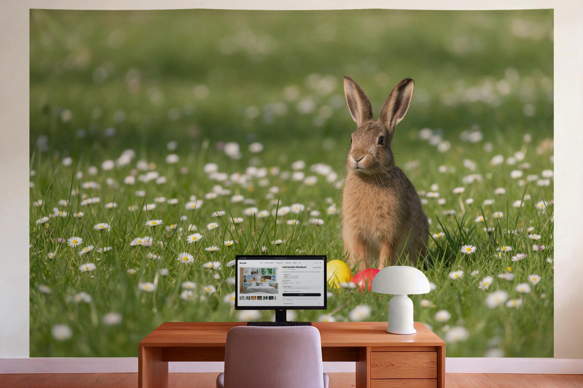 Wall decor in a home office behind the desk: printed fabric tapestry Easter Bunny on the Daisy Meadow