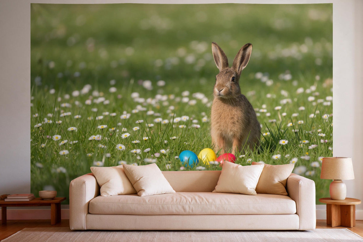 XXL wall tapestry Easter Bunny on the Daisy Meadow as wall decor in a bright living room above the sofa