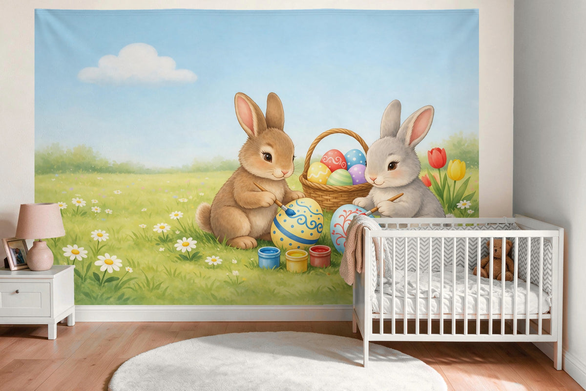XXL wall tapestry Easter Bunnies Painting Eggs as wall decor in the nursery above the crib