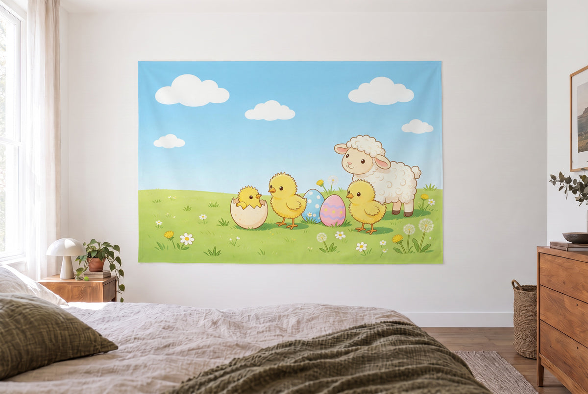 Wandtuch Osterküken und Lämmchen auf der Wiese im hellen Schlafzimmer gegenüber dem Bett, rechts eine Holzkommode