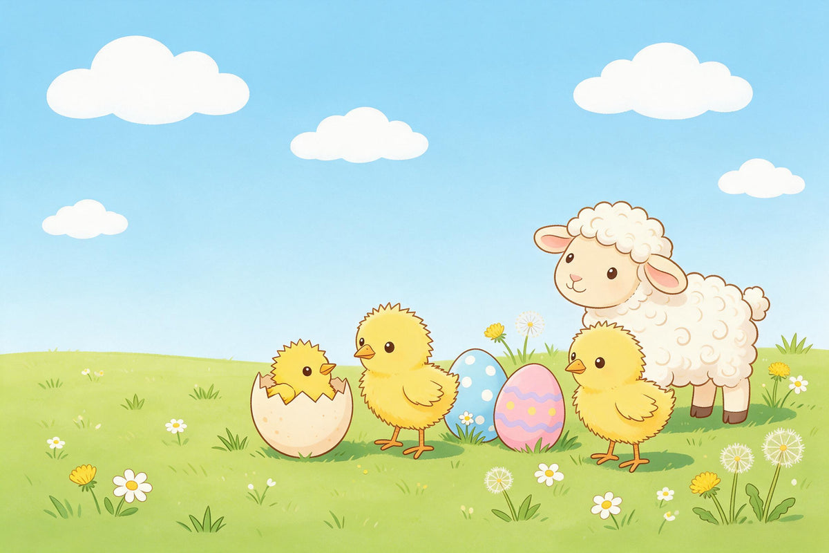 Drei gelbe Küken und ein weisses Lämmchen auf der Frühlingswiese zu Ostern, als Wandtuch, auf Stoff gedruckt – Gelb und Grün
