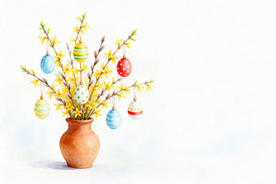Forsythia bouquet with seven painted eggs in a clay vase at left, for Easter, tapestry printed on fabric – yellow and blue