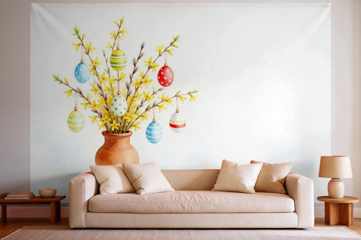 XXL wall tapestry Easter Bouquet with Painted Eggs as wall decor in a bright living room above the sofa