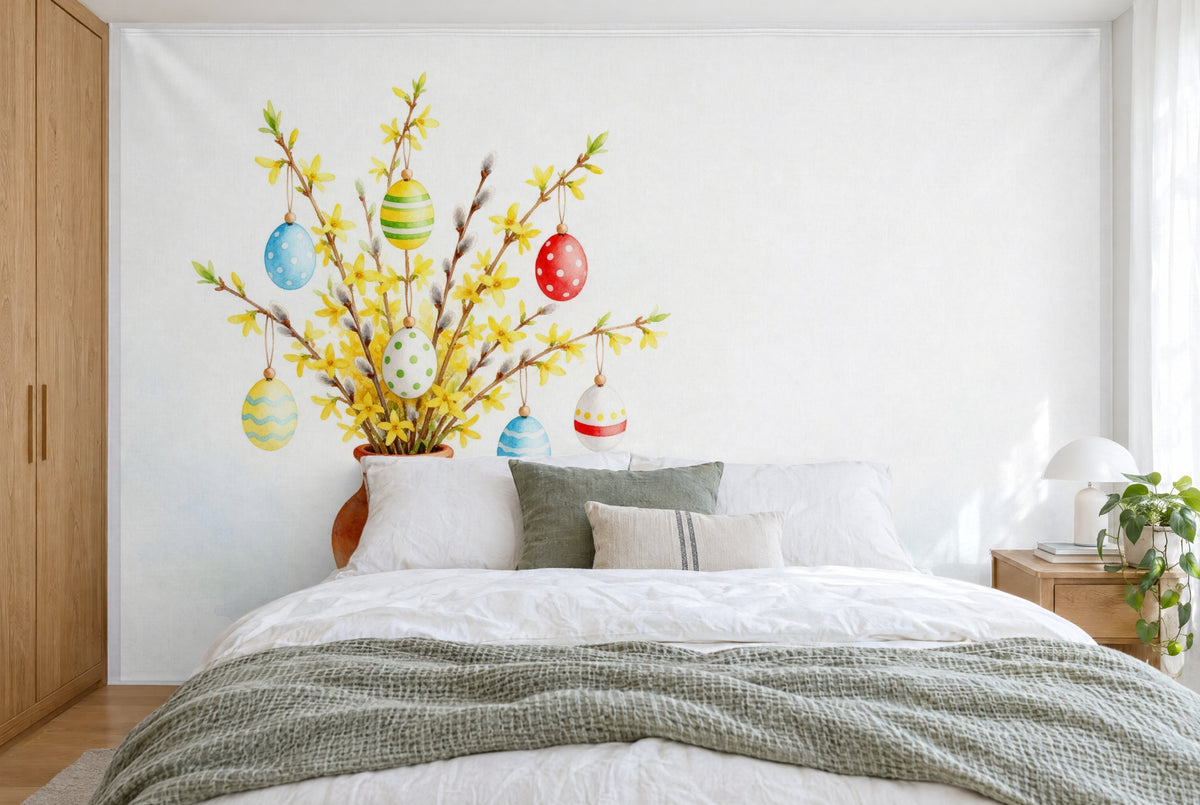 XXL printed fabric: forsythia branches with colorful Easter eggs at left, lots of white at right, wall-filling behind the bed