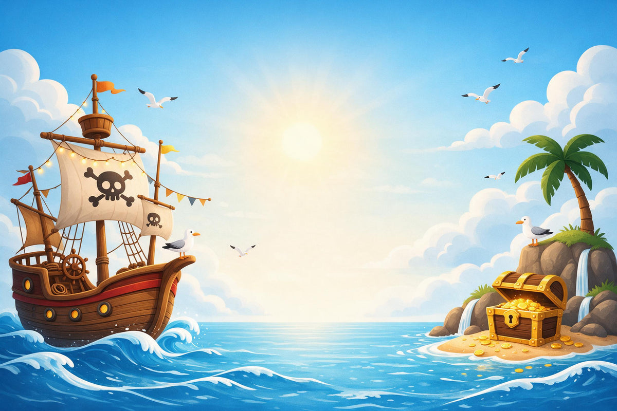 Barco pirata con vela de calavera a la izquierda, isla del tesoro y cofre a la derecha, tapiz impreso en tela – azul y dorado