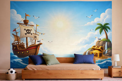 XXL wall tapestry Pirate Birthday with Treasure Island as wall decor in a boys' bedroom