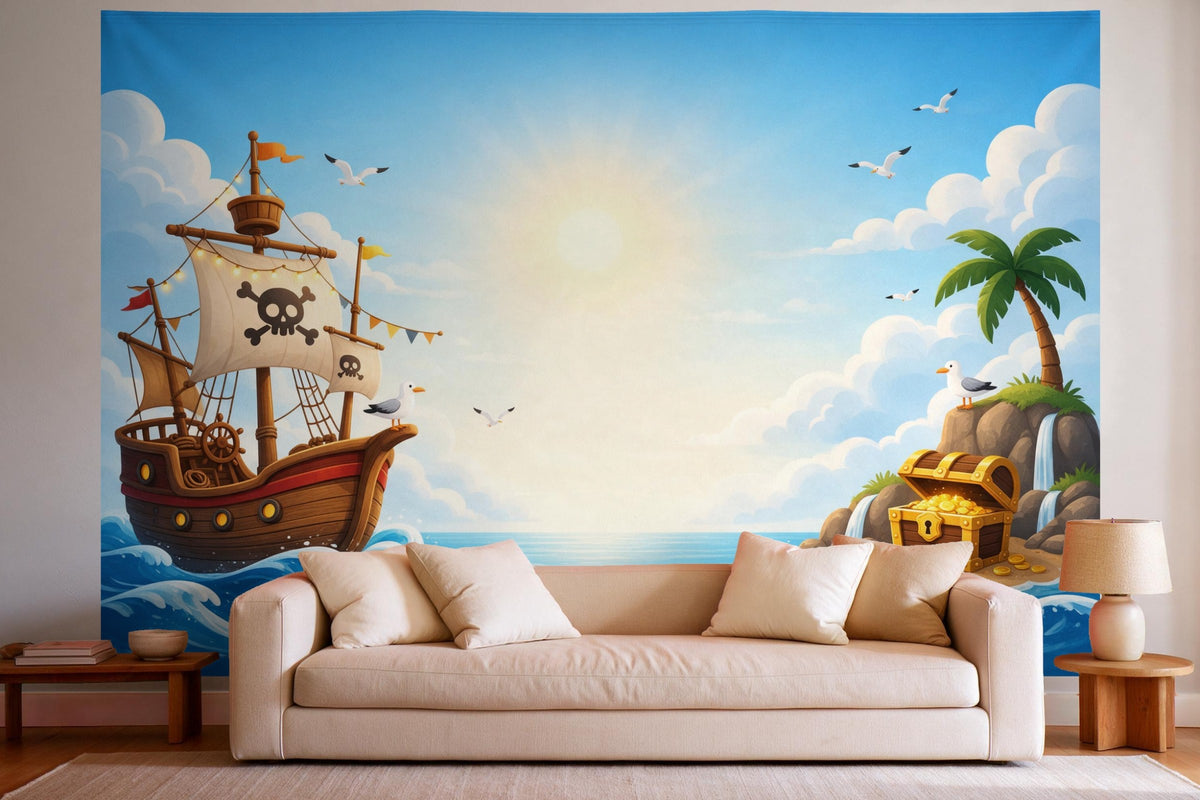 Decoración de pared en un salón luminoso sobre el sofá: tapiz de tela Cumpleaños pirata con isla del tesoro