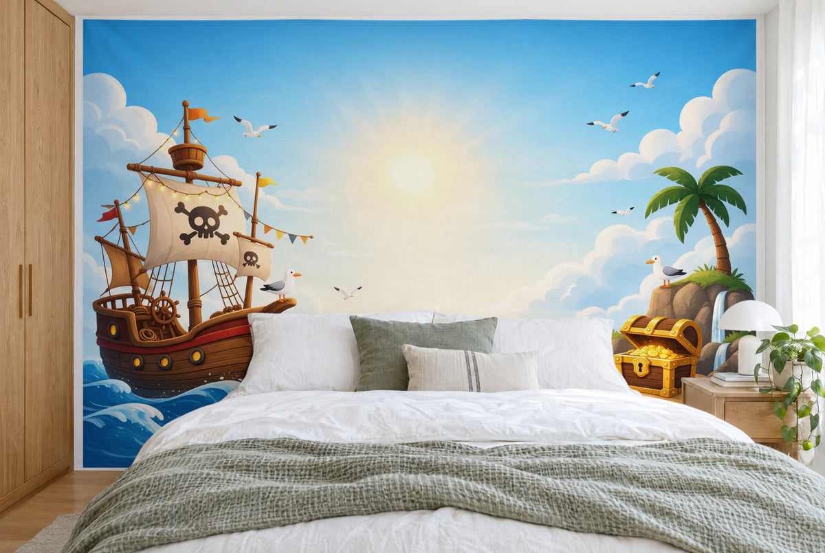 Tapiz de pared grande Cumpleaños pirata con isla del tesoro en el dormitorio, cubriendo la pared detrás de la cama – tela impresa