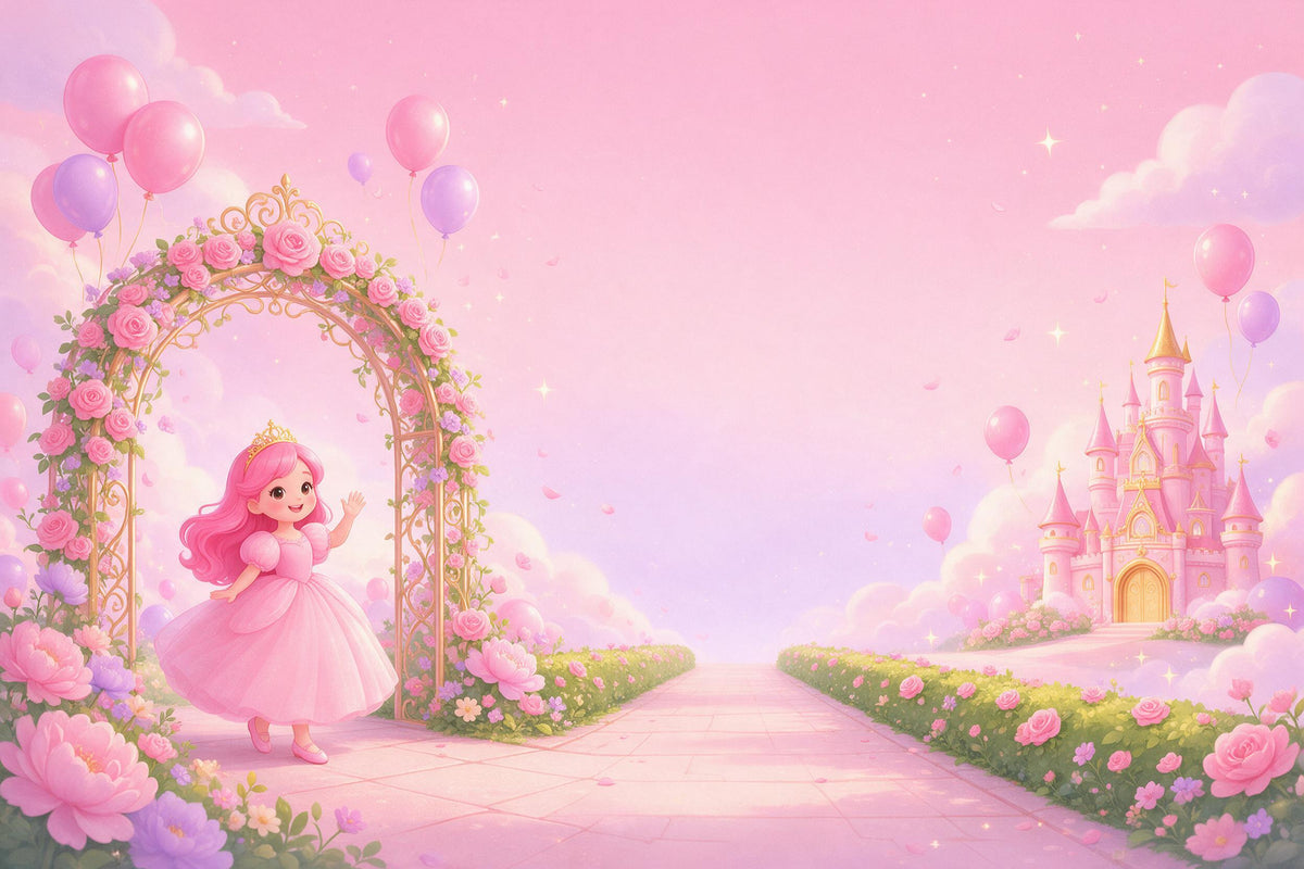 Princesa con corona bajo un arco de rosales, castillo de cuento rosa y globos, tapiz impreso en tela – rosa
