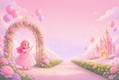 Prinzessin mit Krone unter einem Rosenbogen, rosa Märchenschloss und Ballons, als Wandtuch, auf Stoff gedruckt – Rosa