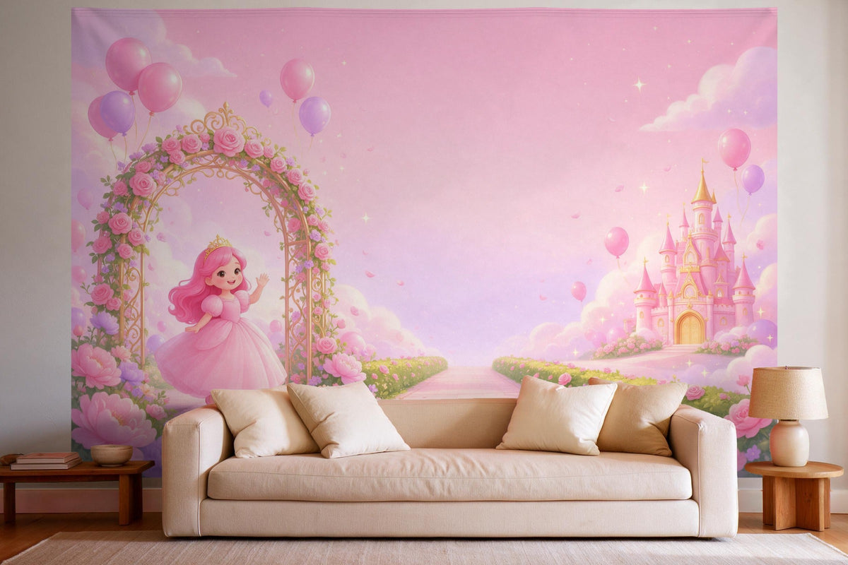 Decoración de pared en un salón luminoso sobre el sofá: tapiz de tela Cumpleaños de princesa en el jardín del castillo