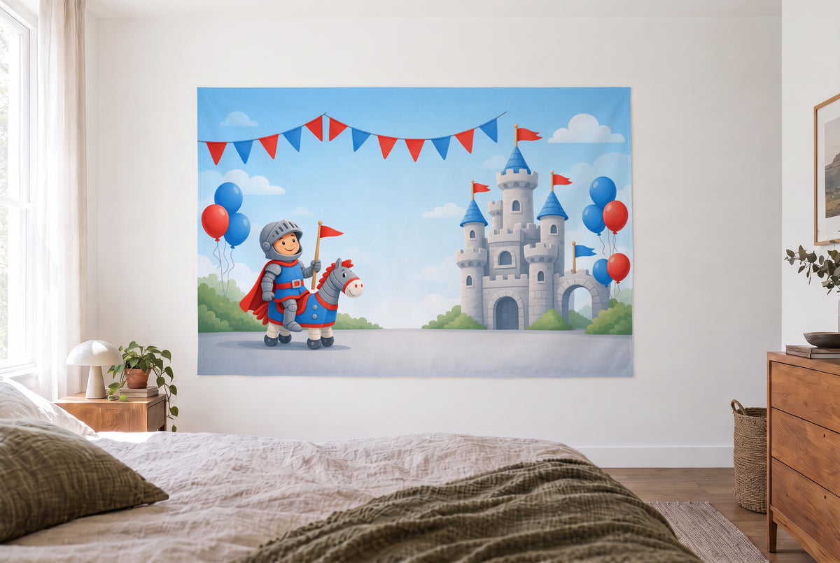 Tapiz cumpleaños de caballeros en dormitorio claro frente a la cama, cómoda de madera a la derecha – rojo y azul