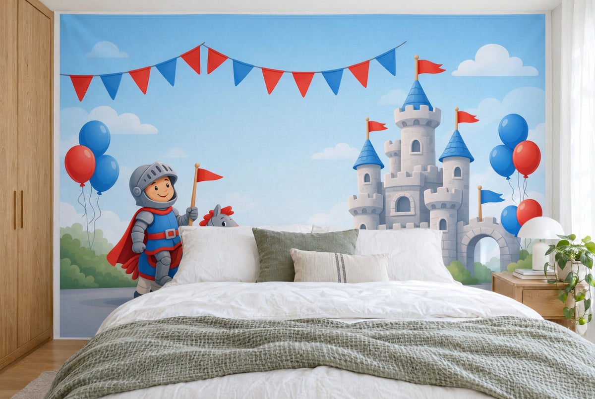 Grosses Wandtuch Ritter-Geburtstag an der Burg im Schlafzimmer wandfüllend hinter dem Bett – Wandbehang aus Stoff