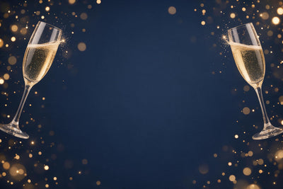 Sektgläser im Goldglitzer links und rechts auf nachtblauem Grund, als Wandtuch, auf Stoff gedruckt – Blau und Gold