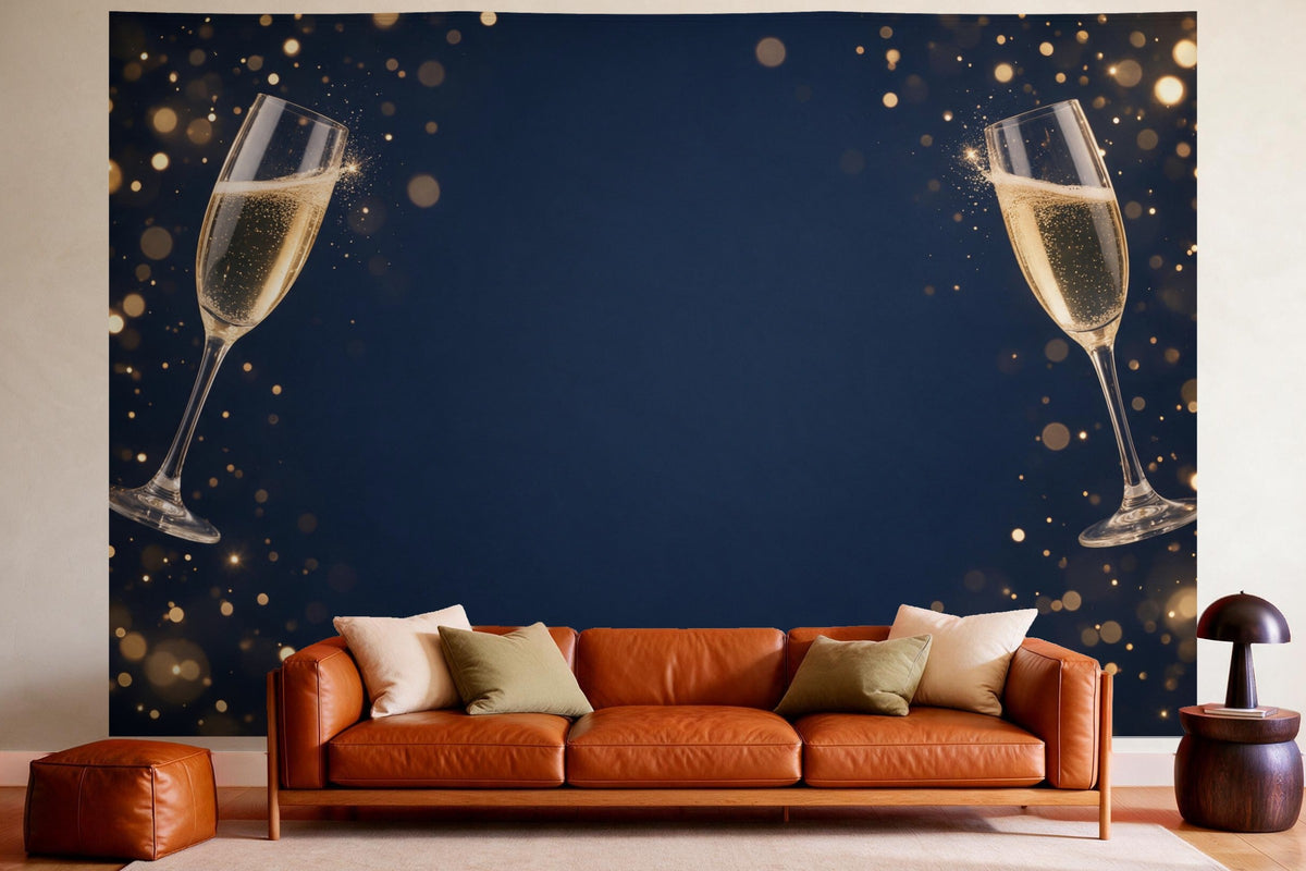 XXL wall tapestry Champagne Glasses and Gold Glitter as wall decor in a cosy living room above the leather sofa