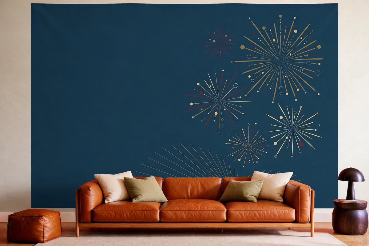 Déco murale dans un salon chaleureux au-dessus du canapé en cuir : tenture murale Feu d'artifice du Nouvel An style Art déco, imprimée sur tissu
