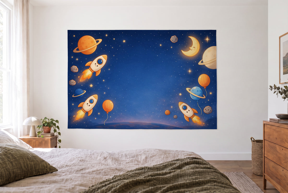 Space birthday with rockets tapestry in a bright bedroom opposite the bed, wooden dresser on the right – night blue