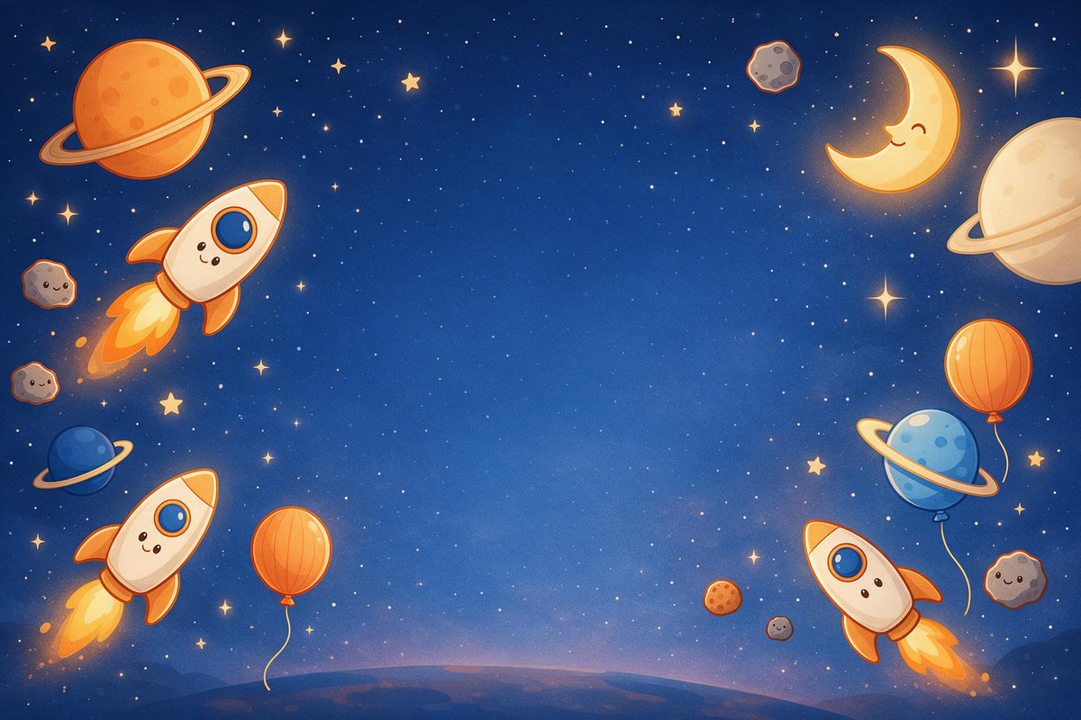 Fiesta espacial con cohetes sonrientes, planetas con anillos y luna creciente, tapiz impreso en tela – azul noche y naranja