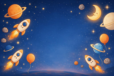 Space party with smiling rockets, ringed planets and a crescent moon, tapestry printed on fabric – night blue and orange