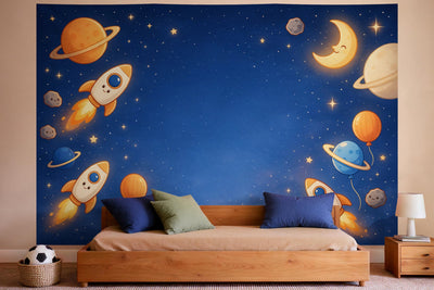 XXL wall tapestry Space Birthday with Rockets as wall decor in a boys' bedroom