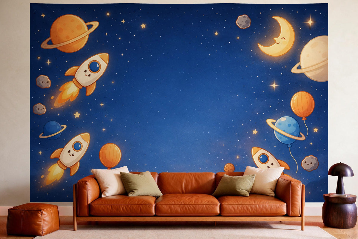 Decoración de pared en un salón acogedor sobre el sofá de cuero: tapiz de tela Cumpleaños espacial con cohetes