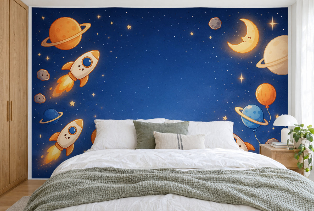 Tapiz de pared grande Cumpleaños espacial con cohetes en el dormitorio, cubriendo la pared detrás de la cama – tela impresa