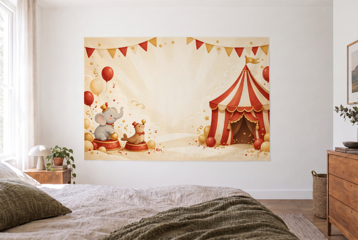 Circus birthday with tent tapestry in a bright bedroom opposite the bed, wooden dresser on the right – red and gold