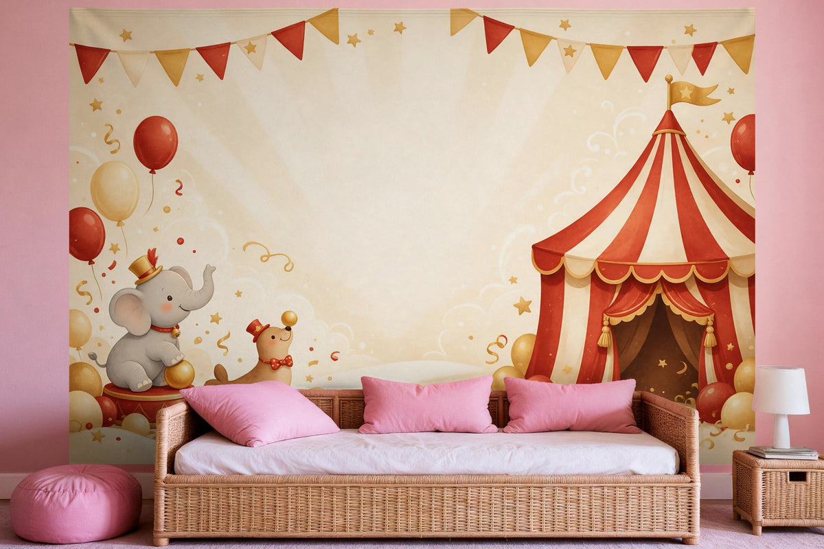 Wall decor in a girls' bedroom: printed fabric tapestry Circus Birthday with Tent