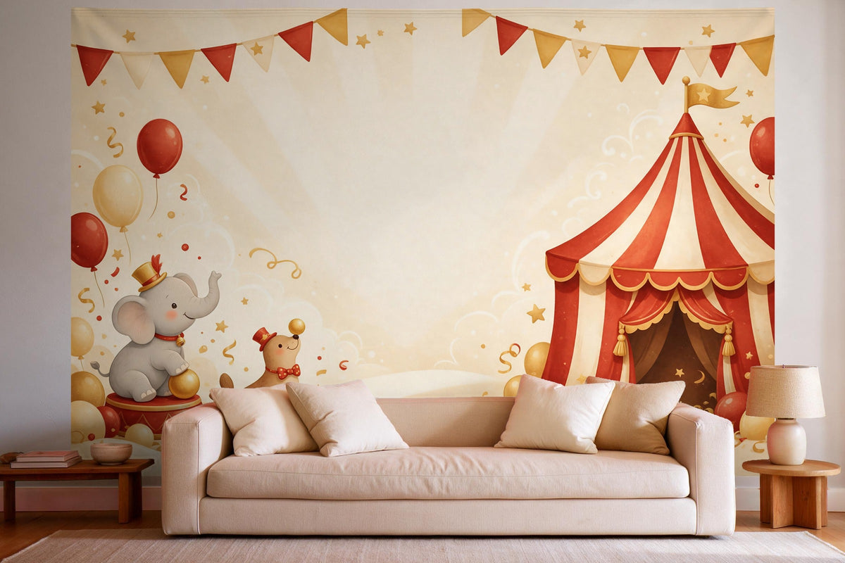 XXL wall tapestry Circus Birthday with Tent as wall decor in a bright living room above the sofa
