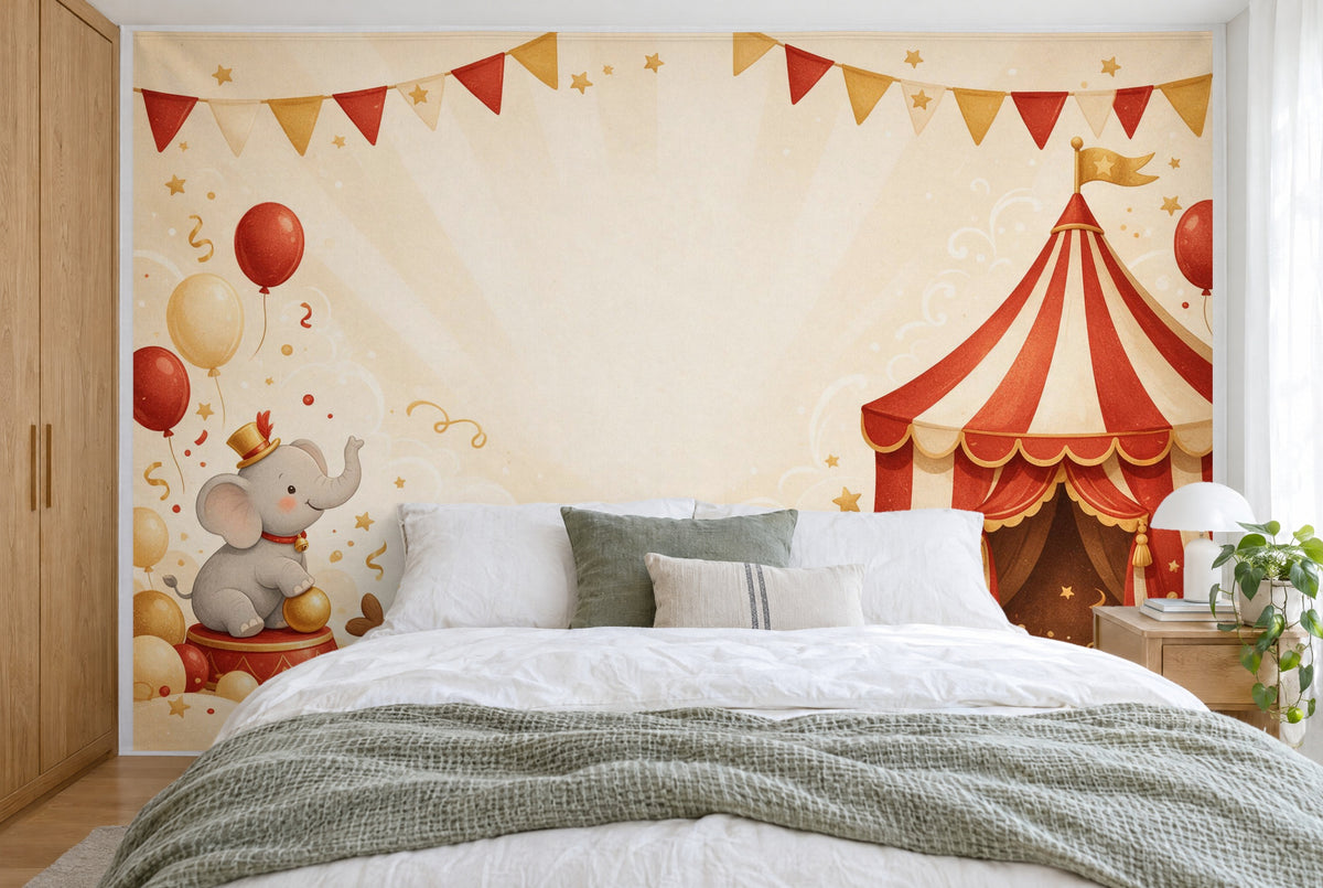 Large wall hanging Circus Birthday with Tent in the bedroom, wall-filling behind the bed – printed tapestry