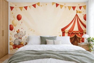 Large wall hanging Circus Birthday with Tent in the bedroom, wall-filling behind the bed – printed tapestry