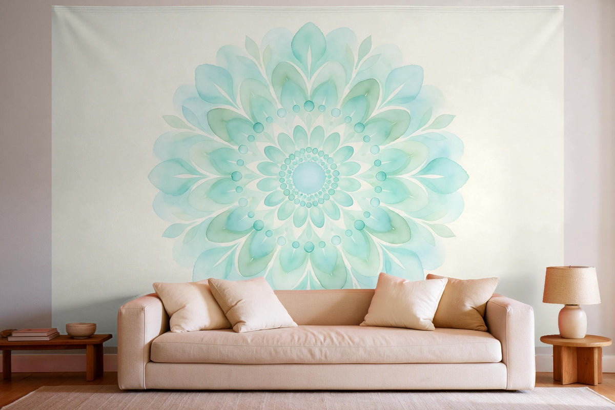 Wanddeko im hellen Wohnzimmer über dem Sofa: Wandtuch mit Aquarell-Mandala in Türkis und Salbei, auf Stoff gedruckt