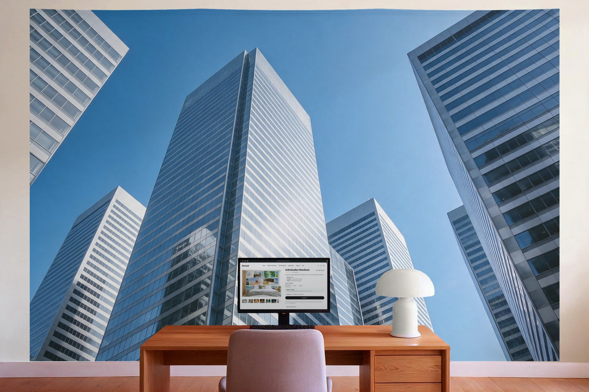 Wandtuch XXL mit Architektur-Glasfassaden als Wanddeko im Büro hinter dem Schreibtisch