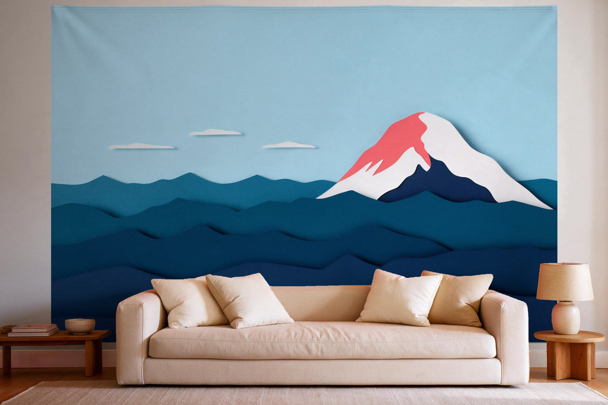 Tapiz de pared XXL Cumbres alpinas al arrebol como decoración en un salón luminoso sobre el sofá
