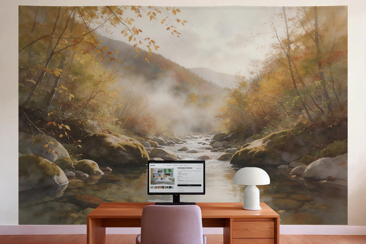 Decoración de pared en la oficina detrás del escritorio: tapiz de tela Riachuelo de montaña en otoño