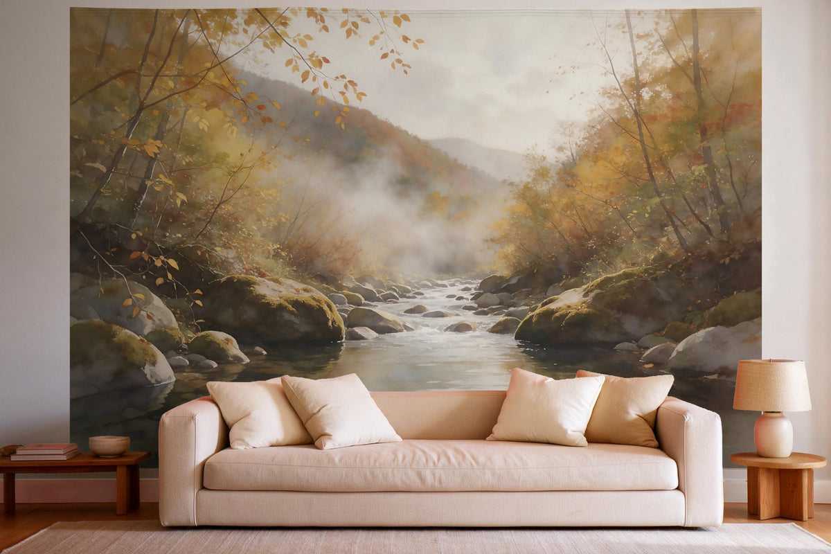 Tapiz de pared XXL Riachuelo de montaña en otoño como decoración en un salón luminoso sobre el sofá