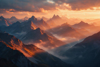 Paisaje de montaña con la luz dorada del sol de la tarde y niebla en los valles, tapiz impreso en tela – naranja y azul