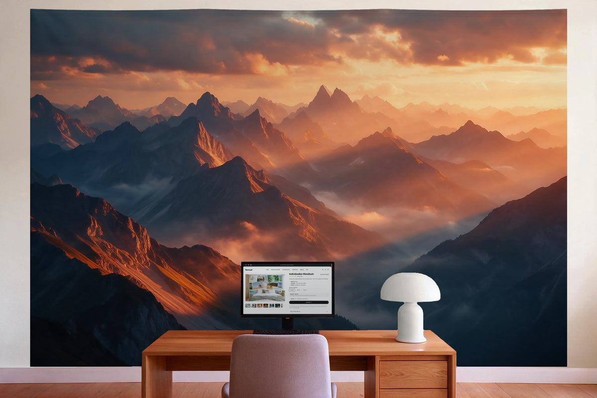 Wall decor in a home office behind the desk: printed fabric tapestry Mountain Landscape in Golden Light