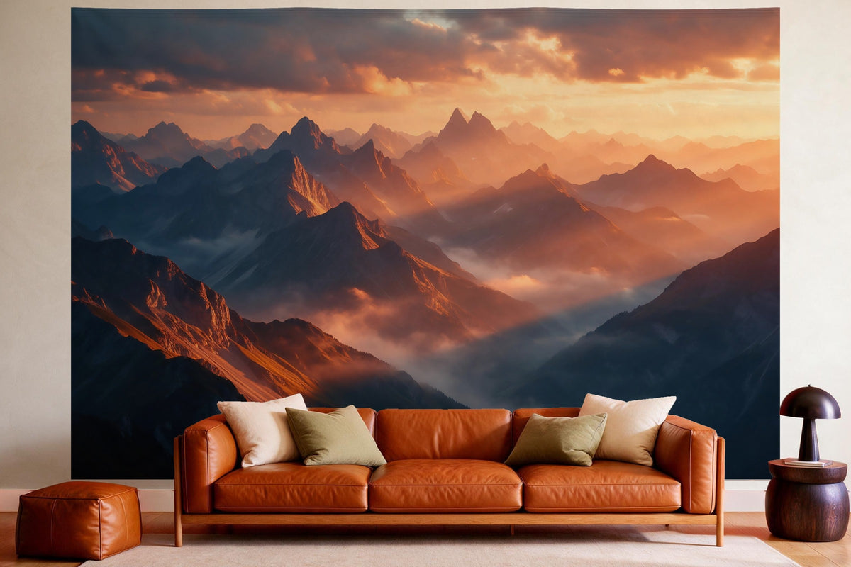 XXL wall tapestry Mountain Landscape in Golden Light as wall decor in a cosy living room above the leather sofa