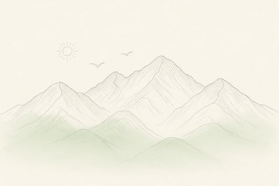 Montagnes en fines lignes graphite, soleil et deux oiseaux sur pentes vert sauge, tenture murale imprimée sur tissu
