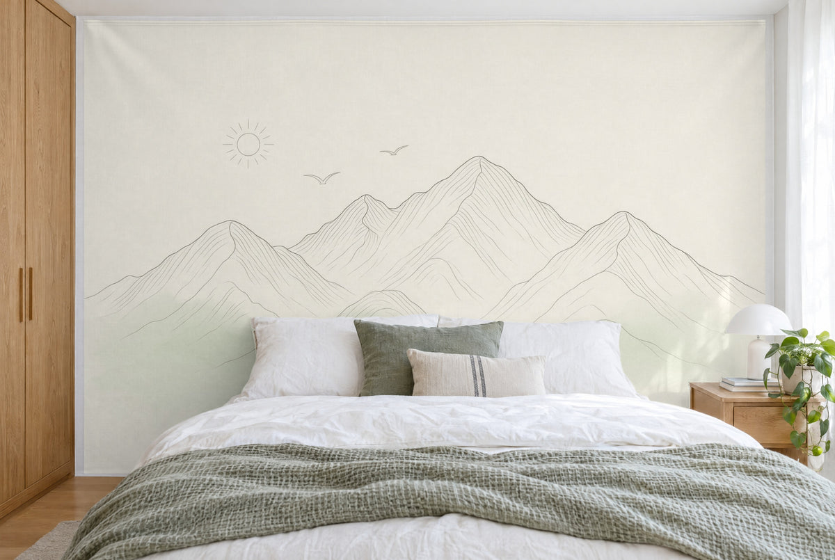 Grosses Wandtuch Berglandschaft in Line Art im Schlafzimmer wandfüllend hinter dem Bett – Wandbehang aus Stoff